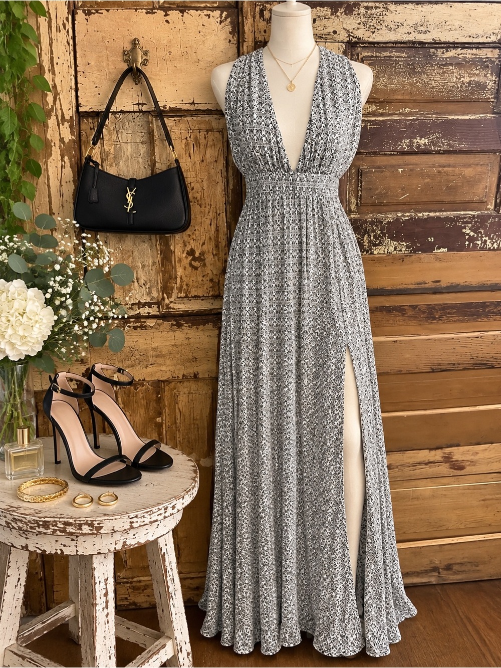 Lulus Open Back Maxi Dress | Side Slit | Black & White Print | Size M